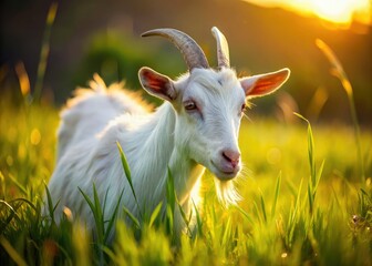 Obraz premium Serene morning light bathes a white goat peacefully grazing lush summer grass on a farm.