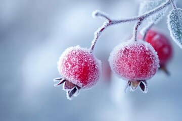 Frozen red berries covered with frost on a branch in winter