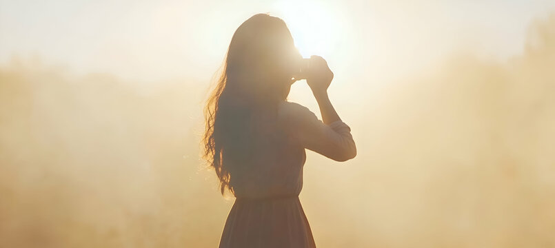 A female photographer adjusting camera settings, light plain background, artistic vibe - Powered by Adobe