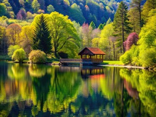 Obraz premium Serene spring lake: architectural photography captures the tranquil lakeside beauty.