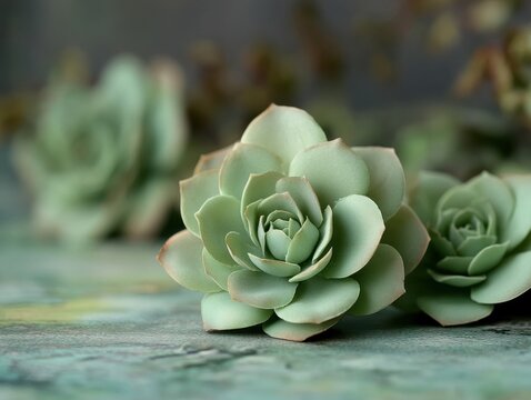 Close-up shot of three beautiful green succulent plants on a green wooden surface