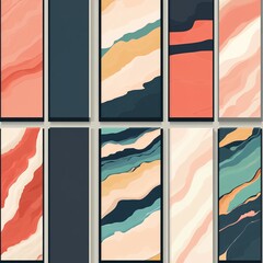 A vibrant abstract composition featuring fluid shapes and bold colors arranged in a grid pattern, ideal for modern decor or digital backgrounds.