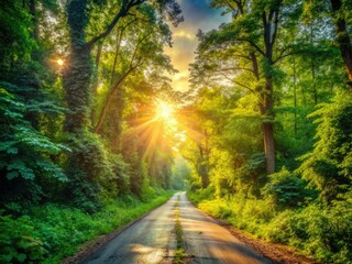 Obraz premium Sunlit path winds through a mysterious, overgrown forest; an abandoned road beckons urban explorers.