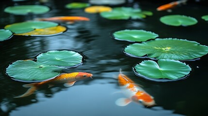 Koi Fish Swim Gracefully Among Lily Pads