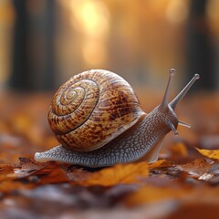 Snail shell, autumn leaves, forest background.