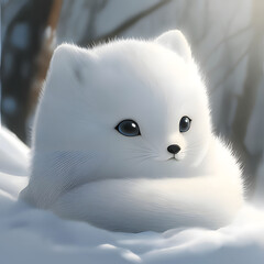Small white animal rests peacefully in the snow under soft winter light in a serene natural environment. Generative AI