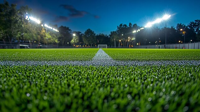 Expansive soccer stadium lawn, vibrant green grass stretching under bright lights, ready for an exciting match.