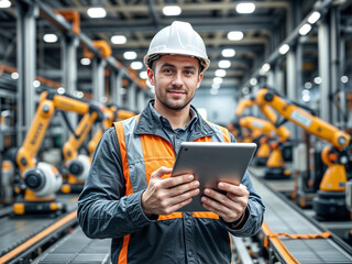 Man with hard hat, high-visibility vest, tablet, assembly line, robotic arms