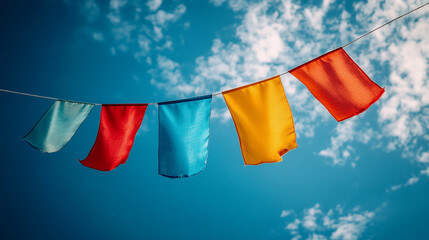 Colorful fabric flags sway gently against a bright blue sky during a sunny day