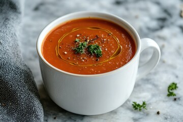 Rich tomato soup in white cup, garnished with herbs, inviting an