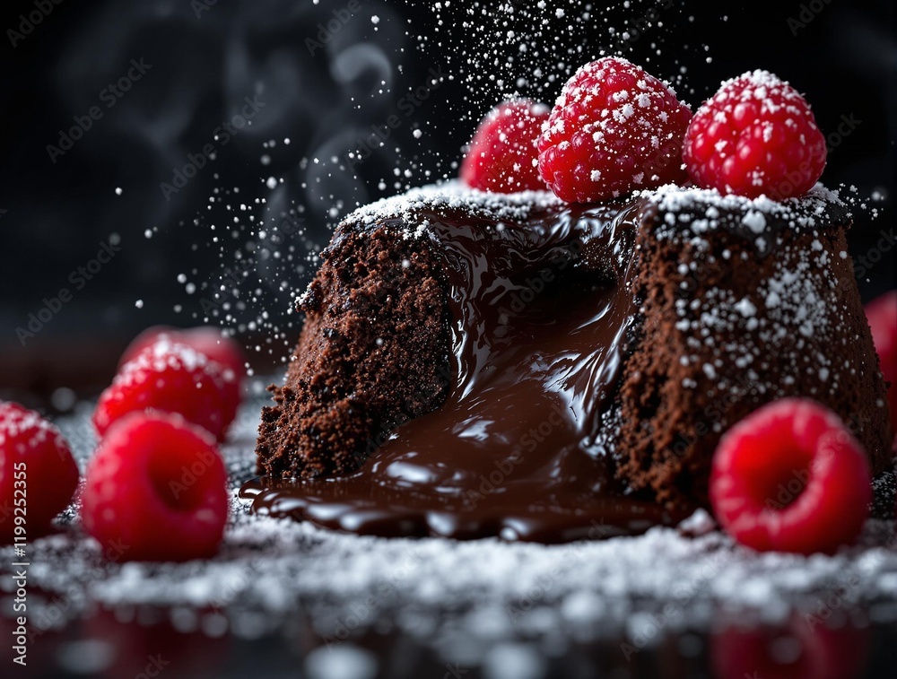 Poster a dessert with a chocolate lava cake topped with raspberries, dusted with powdered sugar, on a dark 