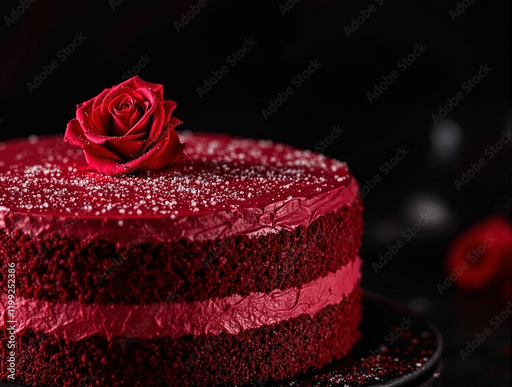 Poster beautifully decorated red velvet cake with a red rose on top, placed on a dark surface, likely a tab