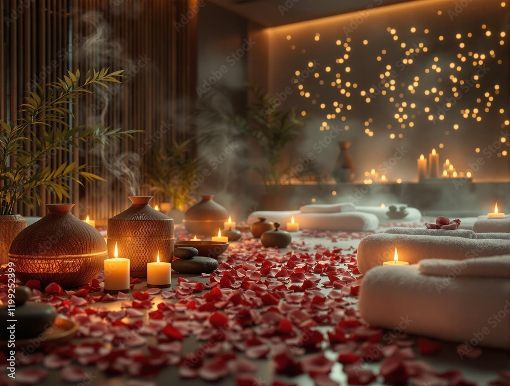 Poster luxurious spa setting with a massage table covered in red rose petals, surrounded by candles and ste