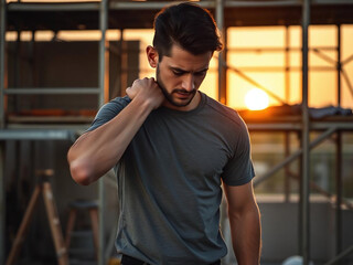 Man with gray t-shirt, construction site, scaffolding, setting sun, dark hair, facial hair, contemplative, worried