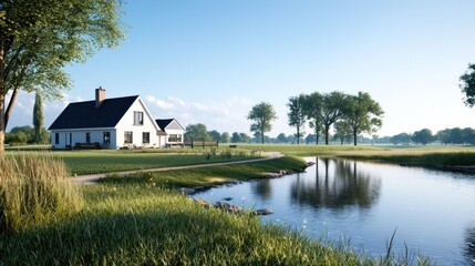 Fototapeta premium Serene countryside scene with a house by a tranquil stream.
