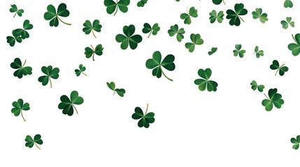 A Collection of Green Shamrocks Scattered Across a White Background with some space on the bottom
