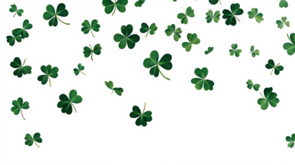 A Collection of Green Shamrocks Scattered Across a White Background with some space on the bottom