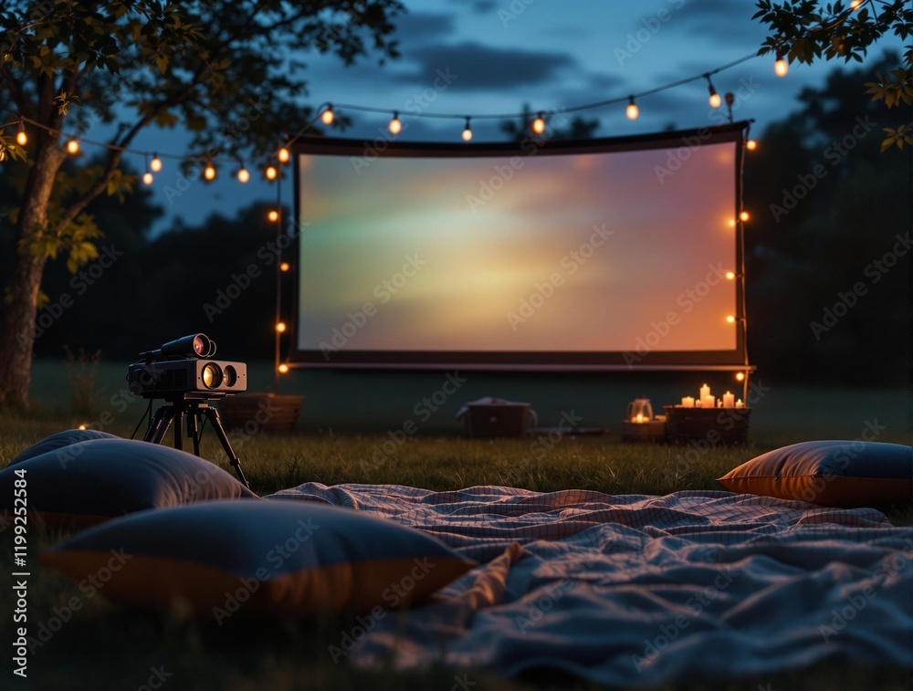 Poster projector set up outdoors on a blanket, with a large screen in the background displaying a colorful scene. The area is decorated with string lights and there are pillows and a blanket spread out, sugg