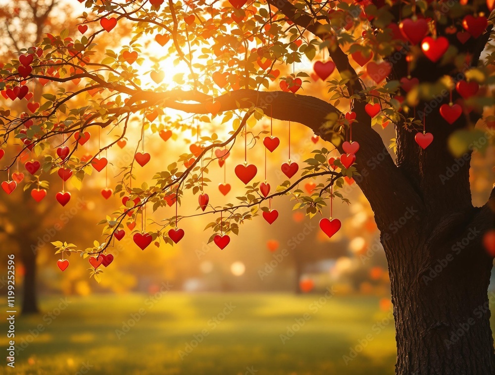 Poster tree adorned with heart-shaped decorations, creating a heart-themed ambiance. the background is illu