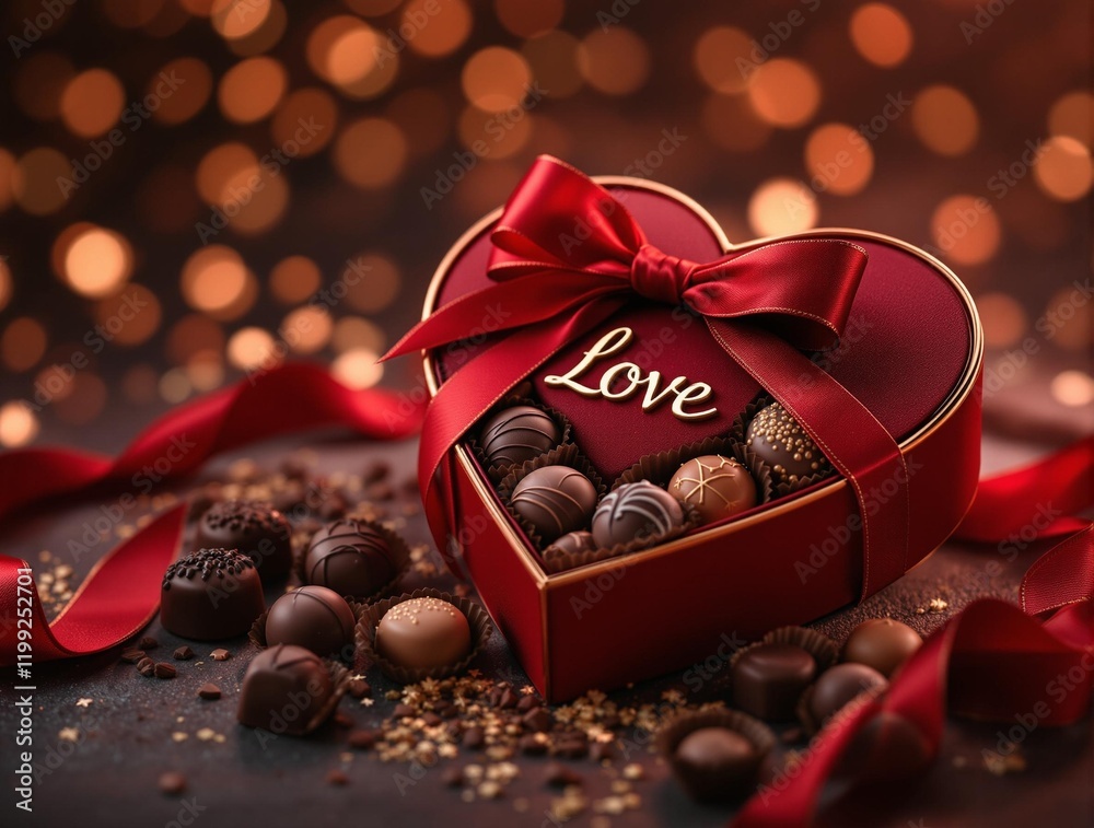 Aufkleber heart-shaped chocolate box filled with various chocolates, topped with a red ribbon and bow. The background features a warm, bokeh effect with lights, adding a festive atmosphere.