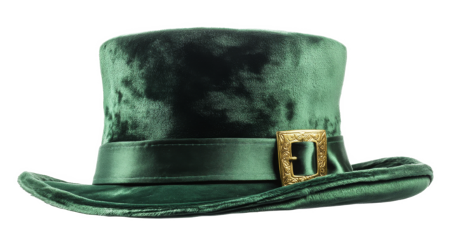 Close up of green leprechaun hat with golden buckle isolated on a white background for St. Patrick's Day
