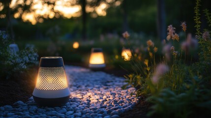 Illuminated garden path with elegant lanterns at sunset casting a warm glow