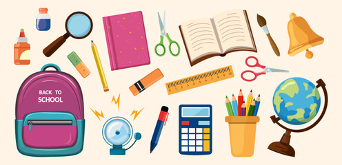 Back to school. School supplies vector set. Cute school icons backpack, magnifying glass, globe, books, notebook, pencils, ruler, magnifying glass, bell, calculator, brush, scissors Vector stationery 