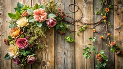 Intricate artificial flower arrangement on a distressed wooden wall, with vines and leaves tangled in a whimsical pattern, floral background, floral patterns