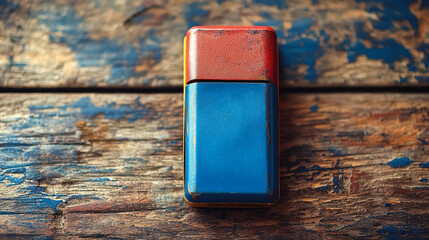 Vintage lighter resting on weathered wooden surface with bright colors and rustic texture in soft natural lighting. Generative AI