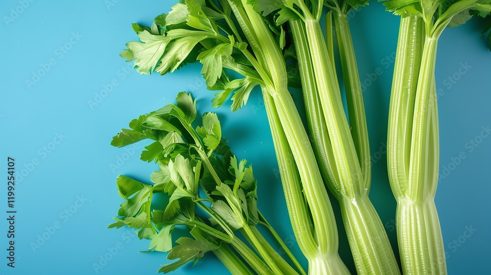 Canvas Prints Fresh stalks of celery on a blue background.