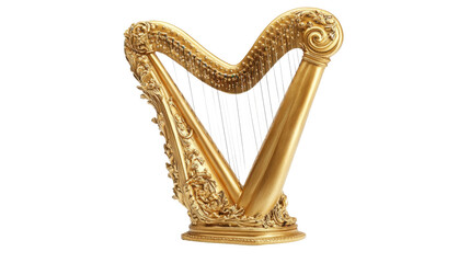 Elegant golden harp standing against white background, detailed ornate carvings and strings