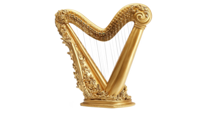 Elegant golden harp standing against white background, detailed ornate carvings and strings