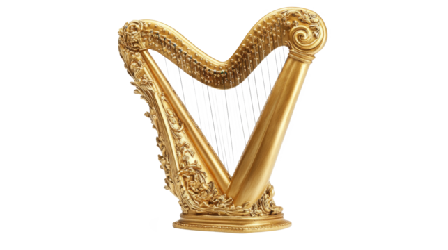 Elegant golden harp standing against white background, detailed ornate carvings and strings