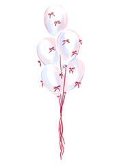 White balloons with red bows. St.Valentine’s gift. Watercolor illustration