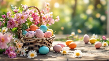 Colorful Easter eggs in a wicker basket surrounded by spring flowers. Perfect for Easter, spring, and holiday-themed designs
