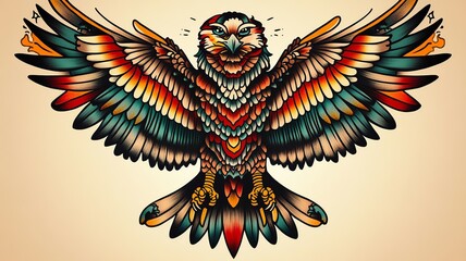 Fototapeta premium A striking eagle tattoo design in American traditional style, showcasing the eagle soaring through stylized clouds. Features bold colors and classic shading techniques to embody strength and freedom. 