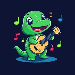 Obraz premium Happy lizard playing ukulele, music notes, dark background, children's book illustration