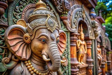 Fototapeta premium Stone Ganesha Elephant Head, Decorated Sculpture, Copy Space