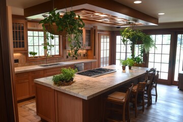 Spacious Kitchen Island with Hardwood Floors and Hanging Plants