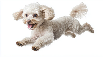 Obraz premium Poodle dog jumping with its curly fur bouncing on white background