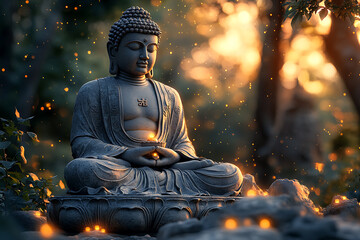 Buddha meditating in the vastness of space, surrounded by stars and cosmic light, symbolizing universal connection, enlightenment, and spiritual harmony.