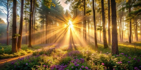 Obraz premium Glowing golden rays of sunlight illuminating a serene and mystical forest landscape with towering trees, misty atmosphere, and vibrant flowers at dawn or dusk, trees, golden rays