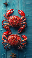 Freshly cooked red crabs positioned on a vibrant blue wooden surface with water droplets and decorative spices. Generative AI