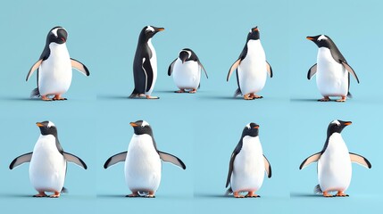 Obraz premium A series of images depicting a penguin in different poses, all against a blue background.