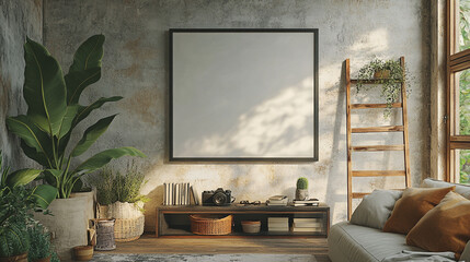 Stylish and minimalistic living room with natural light and green plants