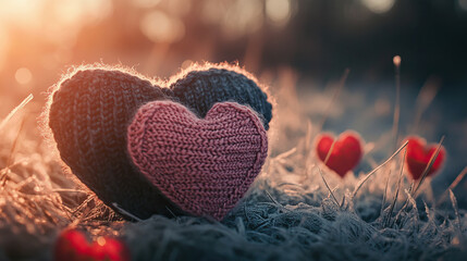 Fototapeta premium A cozy knitted heart resting on a warm blanket illuminated by gentle, soft light