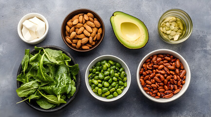 A vibrant assortment of fresh ingredients including spinach, beans, avocado, and nuts, perfect for healthy meals and salads.
