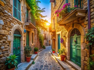 Fototapeta premium Stunning Alley, Medieval Mastic Village, Chios, Greece - Architectural Photography AI Art