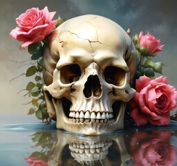 Illustration of human skull with roses.