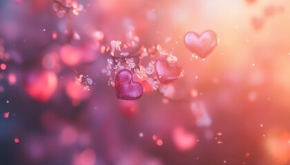 Delicate Pink and Purple Blossoms with Sparkling Hearts Romantic Spring Background
